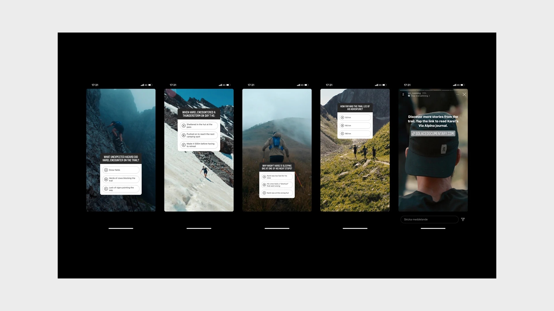 Mockup, svart bakgrund med 5 olika exemple på instagram stories kopplade till On Running - Ny Studio