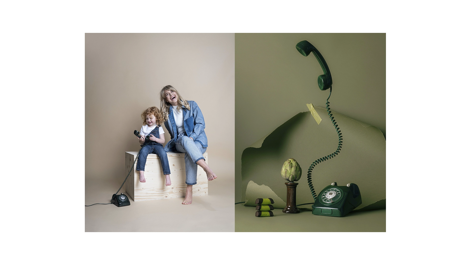 Photo collage, to the left woman and child with a stationary phone. To right a stationary green phone in the air